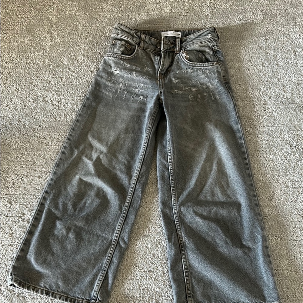 Zara Gray Wide Leg Flare Jeans High Waist